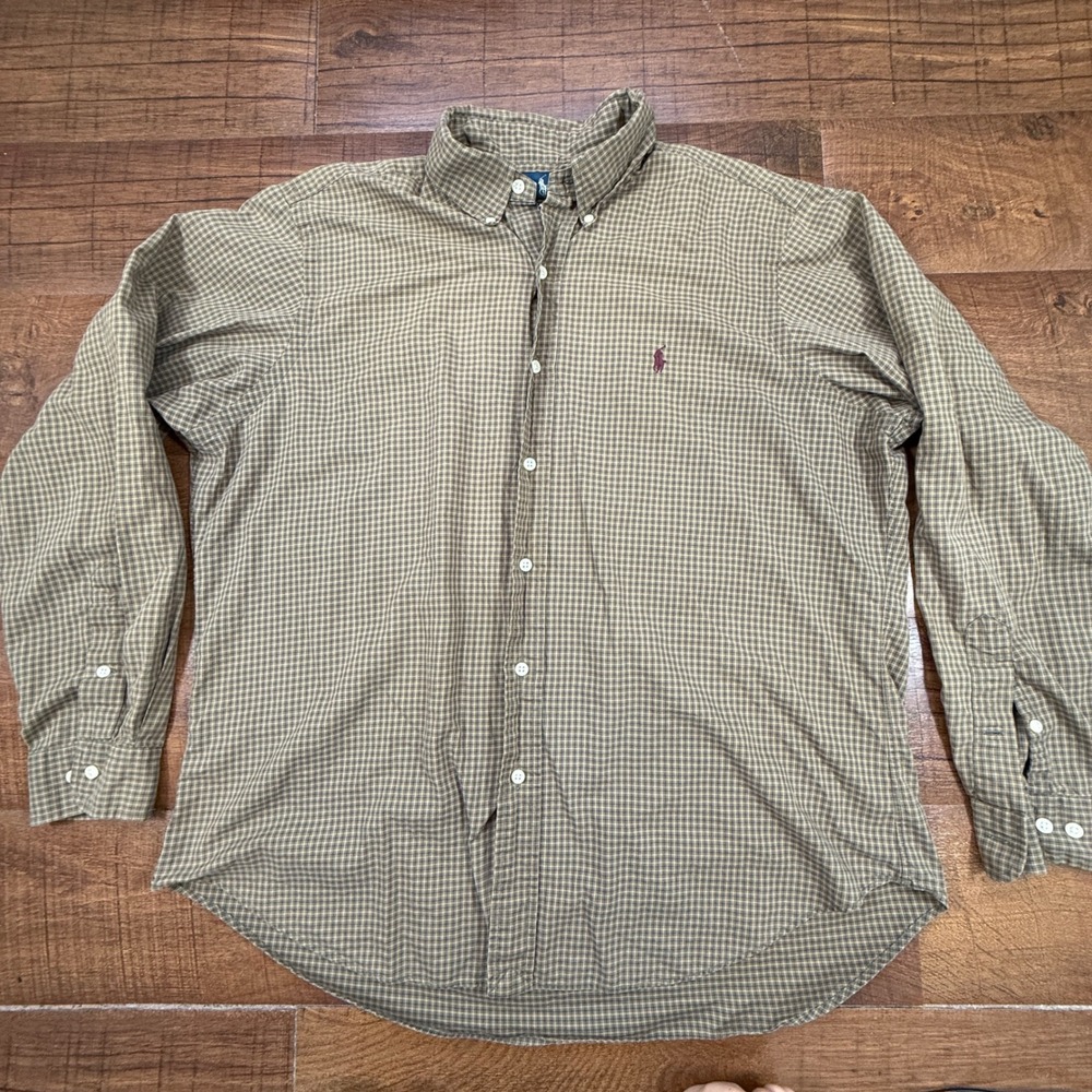 Ralph Lauren Button Down Shirt Mens 16.5 L Olive Green Classic Fit Micro Check